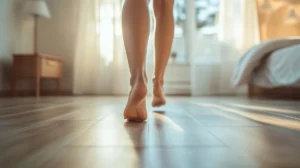 Barefoot woman walking wooden floor bedroom sunlight streams through window