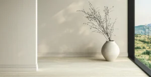 Modern bright minimalist interior blank wall living room dry plants vases 3d render illustration mock up