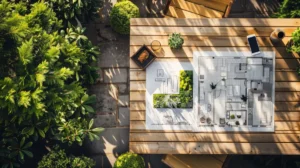 Architectural plans with landscape design desk top view